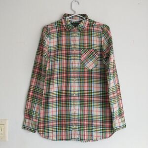 J Crew Always Flannel Shirt Women's 00/S Pink Green Plaid Pocket Casual Relaxed